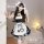 A cute maid dress with black and white stripes, featuring a ruffled apron and bow tie, perfect for cosplay or anime-themed ou...