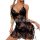 Woman wearing black lace babydoll nightgown with sheer mesh, adjustable straps, and provocative cutouts.