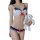 A woman models a lace bikini set featuring navy blue accents and red bows, holding a plush rabbit accessory. ideal for seduct...