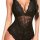 Woman wearing a black lace bodysuit with sheer mesh panels and floral embroidery, designed as sexy plus size erotic lingerie.
