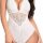White lace bodysuit for women featuring a deep v-neck and sheer mesh panels, designed as sexy plus size erotic lingerie.