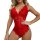Woman modeling a red lace bodysuit with sheer mesh panels and scalloped edges, designed as sexy plus size erotic lingerie.
