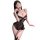 Woman modeling black lace bodysuit with sheer mesh panels, high-waisted fit, and elegant seductive design for small bust.