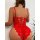 Sexy red lace bodysuit with sheer backless design and open-crotch feature, perfect for bridal lingerie or evening wear.