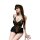 Woman modeling black luxury lace bodysuit with sheer mesh cut-outs and sensual one-piece design.