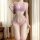 Woman modeling lavender lace bralette and thong set with open-crotch design, sheer seductive sleepwear for small bust.