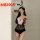 Plus size lace bunny girl costume with sheer bodysuit, gloves & ears for nightclub role play.
