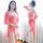 Woman modeling a pink lace camisole sleep dress with sheer robe, part of the sheer sexy lingerie set for a pure and tempting ...
