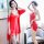 Woman modeling red lace camisole sleep dress with sheer robe, elegant and alluring lingerie set for bedroom wear.
