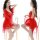 Woman wearing red lace camisole sleep dress, sheer sexy lingerie set with matching robe, elegant bedroom outfit.