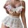 White lace cut-out lingerie set with sheer bodysuit, matching thong, and floral details for seductive sleepwear.
