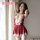 Woman wearing red lace deep v sexy sleepwear set, backless slit cami nightgown with sheer mesh and tease design.