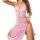 Woman wearing pink lace lingerie set with mesh sleep dress and straps, showcasing seductive intimate apparel design.