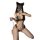 Woman wearing black lace three-piece pearl lingerie set with open-crotch design and cat ears, posing seductively while holdin...