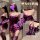 Woman modeling a purple satin bodycon mini dress with lace halter neckline and matching gloves, featuring a cross-back design...