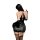 Woman wearing a black lace halter bodycon mini dress with satin finish, featuring a sensual design and thigh-high stockings.