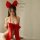 Woman wearing red lace halter neck bodysuit with bow backless thong set, premium erotic lingerie for women.