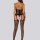 Woman wearing black lace halter neck lingerie set with sheer mesh and floral jacquard details, back view.