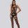 Woman modeling black lace halter neck lingerie set with sheer mesh and floral jacquard details, sexy sleepwear outfit.