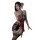 Woman wearing red and black lace halter sleepwear set with pearl necklace, sheer romantic lingerie for intimate nights.