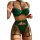 Woman wearing emerald green lace lingerie set with halter bra, garter belt, and matching panties — sexy, elegant sleepwear.