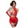 Woman wearing red lace love chain lingerie set with sheer mesh, long gloves, and garter straps.