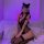Woman in black lace maid costume with bear ears, sheer bodysuit, and thigh-highs, sitting on couch beside white cat under pur...