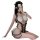 Woman posing in a sexy lace maid costume with an open-crotch design, featuring a white bra, sheer skirt, and black lace trim ...