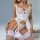 Woman wearing white lace mesh bodysuit with corset style shapewear and attached stocking belt, featuring floral details.