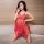 Woman wearing red lace mesh lingerie set, sheer nightdress with delicate embroidery, plus size erotic sleepwear for women.