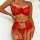Red lace mesh sensual babydoll set featuring sheer romantic design with eyelash trim and cross-stitch detail.