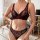 Woman wearing luxury lace mesh lingerie set with push-up bra and matching panty in elegant bedroom setting.