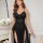 Elegant black lace mesh sexy sleep dress set, sheer design with deep v-neckline and thigh-high slit, perfect for women seekin...