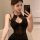 Woman in black lace mesh sheer bodysuit with cut-outs and ties, taking a mirror selfie. streetwear-inspired sexy lingerie set...