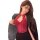 Woman wearing red lace mesh sheer bodysuit with cut-outs and ties, styled under a black blazer for streetwear-inspired sexy l...