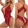 Woman wearing red lace open-crotch bodysuit with backless design, front and back view.