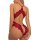 Woman wearing a red lace open-crotch bodysuit with a backless design, showcasing intricate floral patterns and adjustable str...