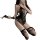 Woman in black lace pure-temptation lingerie set, sheer backless tie-up bra and thong with open-crotch design.