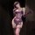 Woman in purple lace lingerie set with underwire bra, sheer stockings, gloves, and eye mask.