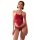 Woman wearing red lace bodysuit set with open-crotch design, elegant sleepwear for women.