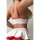 Sexy lace maid costume set featuring a red-trimmed white top with floral lace details and a matching white mini skirt with re...