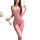 Woman wearing pink lace sensual bodysuit with sheer bust and garter straps, holding feather dusters.