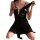 Woman wearing black lace sensual sleepwear set with underwire push-up top and flowing shorts, adjusting straps.