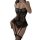 Woman wearing black lace bodysuit with sheer mesh corset top, adjustable straps, and garter belt style.