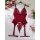 Red lace cami set with garters, elegant erotic bodysuit for women, surrounded by flowers and makeup.