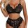Woman modeling black lace lingerie set with floral pattern, featuring bra and high-waist panties for sexy appeal.