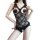 Sheer black lace sleepwear set with open-crotch design, featuring floral patterns and bow accents for a provocative look.