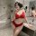 Sexy red lace lingerie set featuring a bondage bra and crotchless high-waist panty, perfect for plus-size adults seeking adul...