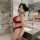 A woman poses in a bathroom wearing a red lace lingerie set, featuring a sexy bra and high-waist crotchless panty, ideal for ...