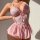 Pink lace camisole and skirt set with bows, sheer backless design, european-style lingerie for women.